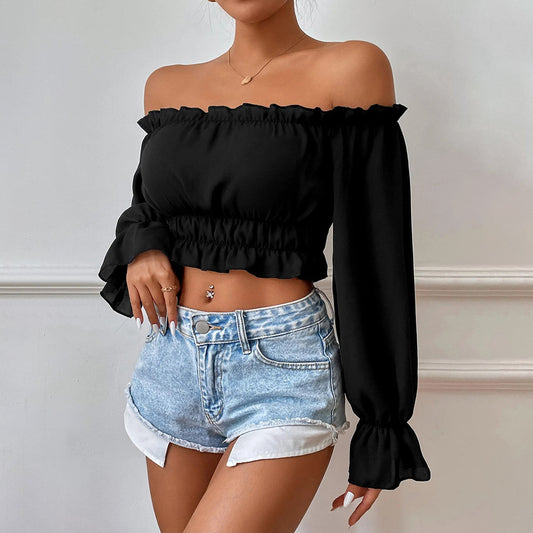 Women's Sexy Casual Home Waisted Wooden Leaf Edge One-length Long Sleeves