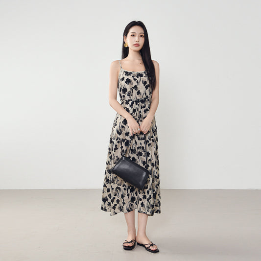 Floral Print Long Dress Set Summer Waist Cinching Holiday Style Beach Dress