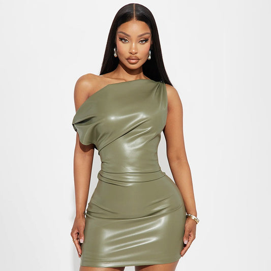 Off Shoulder PU Leather Dress Women Sexy Solid Tight Pleated Short Dress Party Club Sleeveless Leather Dress Vestidos