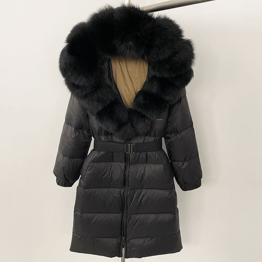 New Natural Thick Warm 90% White Duck Down Coat Long Winter Jacket Women Real Big Fox Fur Collar Belt Loose Puffer Parka