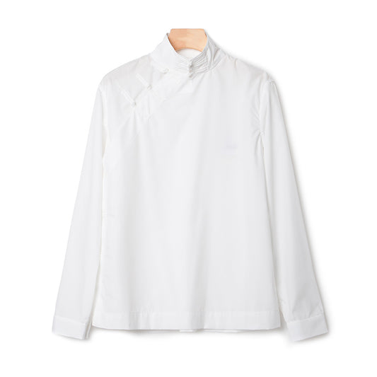 Autumn Winter Modern Chinese Style Stand Collar Button Pure Cotton White Shirt Casual Long Sleeve Korean Style Slim Fit