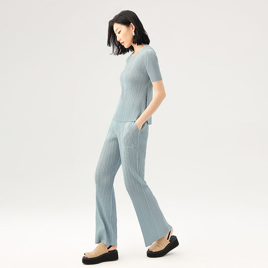 Women's Minimalist Pleated Pants Elastic Waist Solid Color Casual Straight Leg Trousers