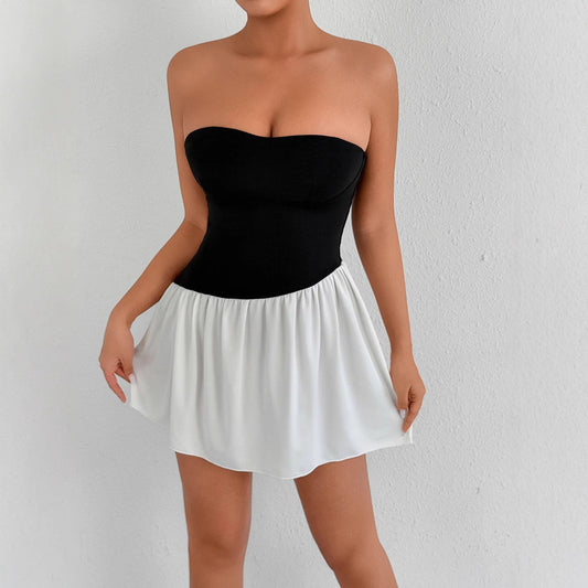 Sexy Shoulderless Black And White Color Blocked Slim Fit Dress Nightclub Street Style Fashion Backless Pleated Short Skir Summer