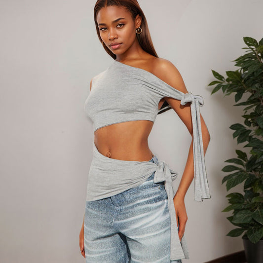 Women's Diagonal Collar Sleeveless Irregular Crop Vest Tops, Lace-Up Decoration, Sexy