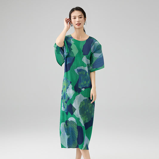 Spring New Geometric Print Five-quarter Sleeve Round Neck Loose Fashion Temperament Dress