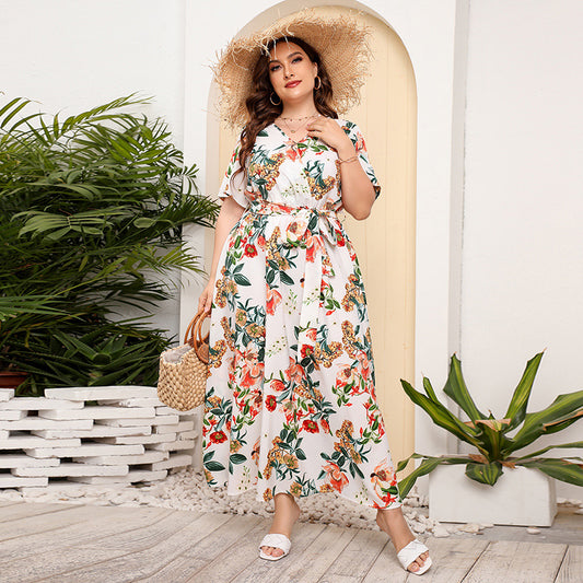 Fashion Style Plus Size Dress Women's V-Neck Loose-Fit Large Swoop Feather Printing Dress