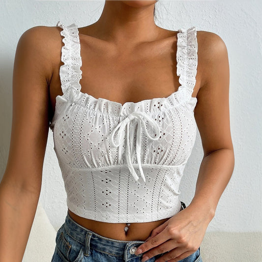 Top Women Summer Fashion Eyelet Embroidery Frill Hem Casual Square Neck Sleeveless Plain Skinny Daily Tied Detail Tank Top