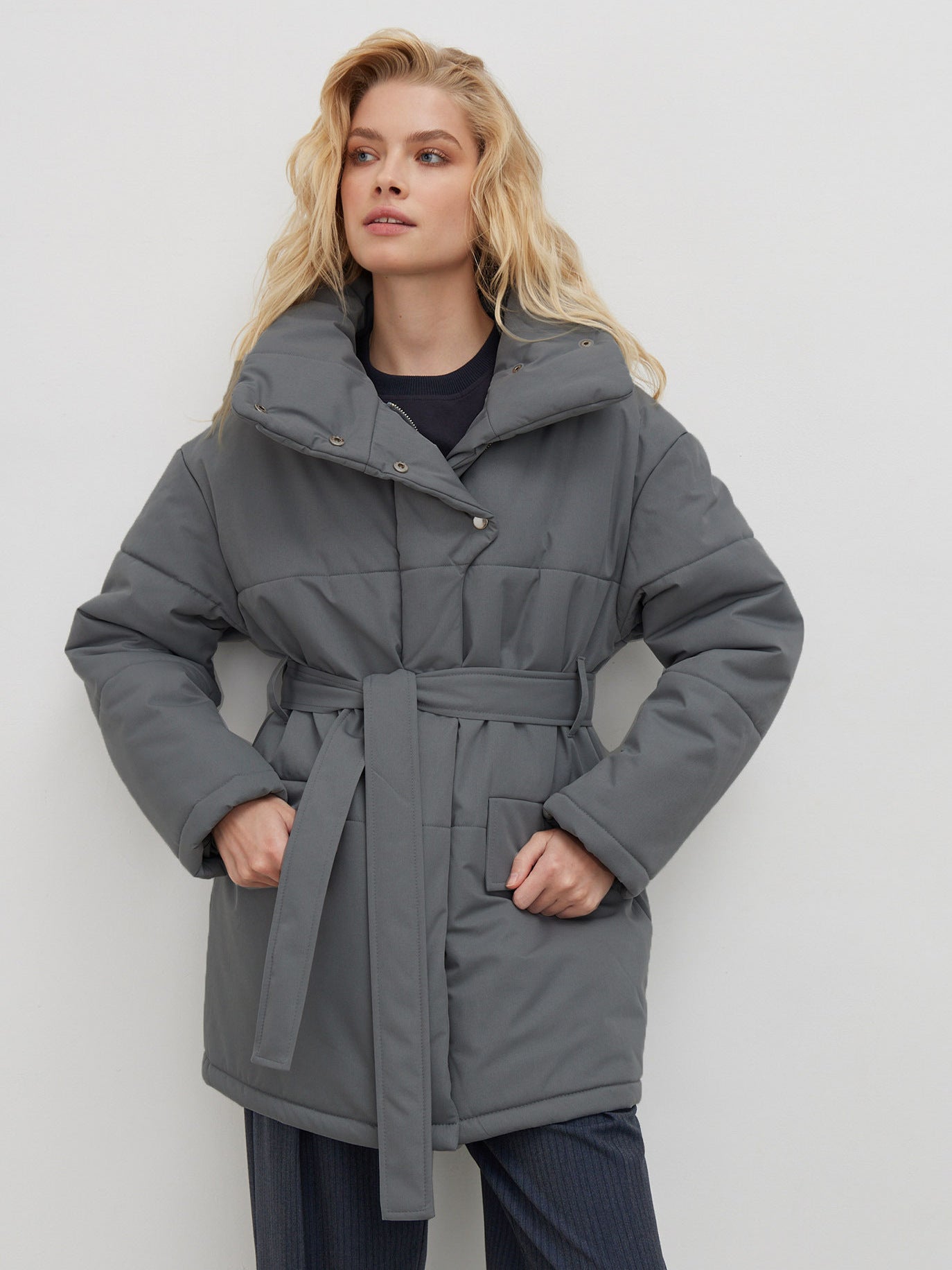 Women Winter Loose Parkas Coat Vintage Belted Outwear Ladies Warm Cotton Puffer Jackets