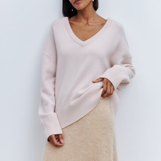 Oversized V-neck Sweater Women's Warm Casual Knitted Pullover Sweat