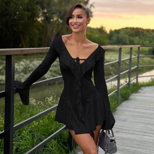 Ruffled Lace-Up White Mini Dress Women's V-Neck Patchwork Long Sleeve Sexy Slim Dress Bandage Elegant Female Summer Dress