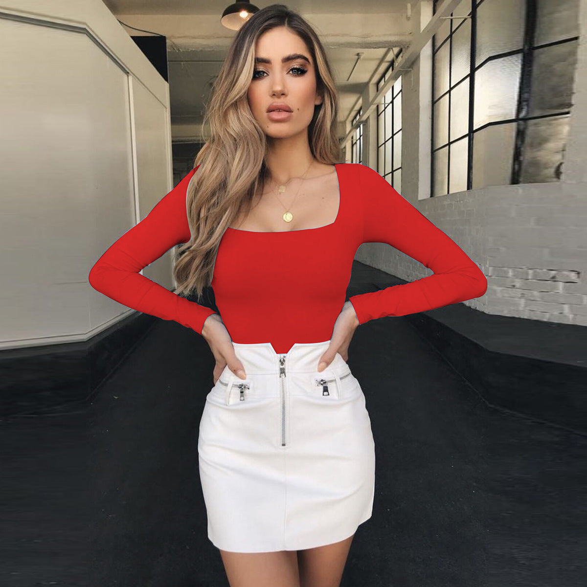 Women Sexy Solid Square Collar T-Shirt Fashion Long Sleeve Female Short Top Design Casual Top