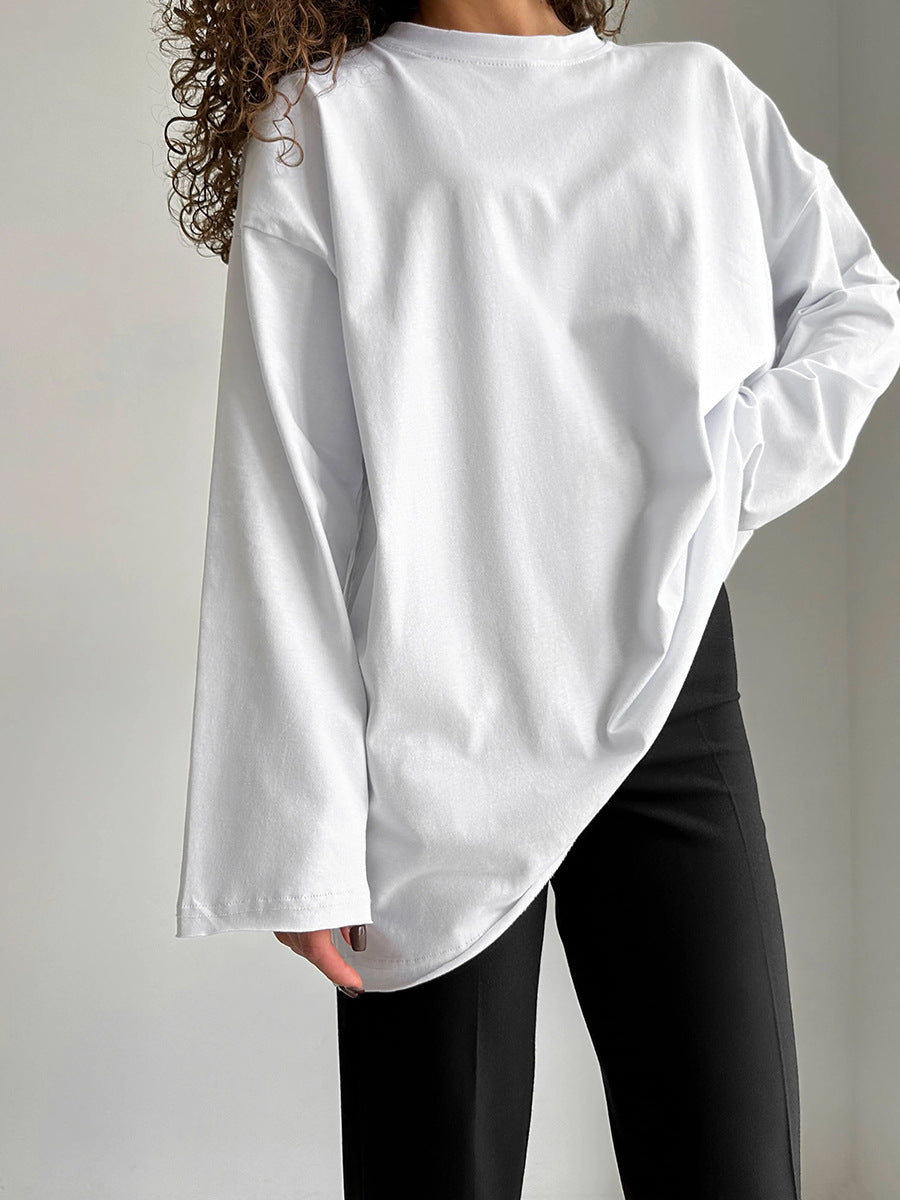 Women's Cotton T-shirt Loose Long Sleeve Crew Neck Solid Color Casual Top