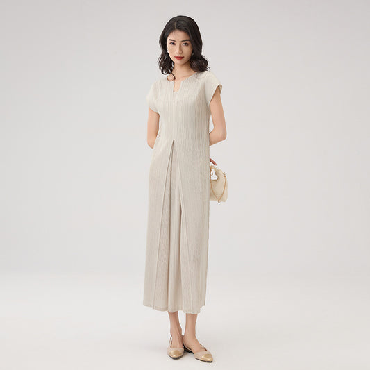 Women V Neck Short Sleeve Solid Colors Minimalist Design Sense Straight Loose  Dress