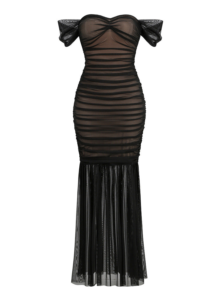 Black Sheer Mesh Pleated Women Maxi Dress Off the Shoulder Sweetheart