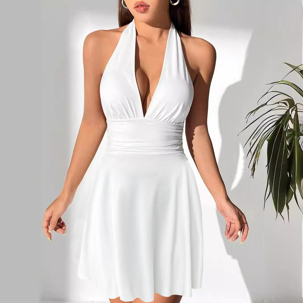 Women's Deep V-Neck Low-Cut Belly-Shading Thin Hanging Neck Short Dre