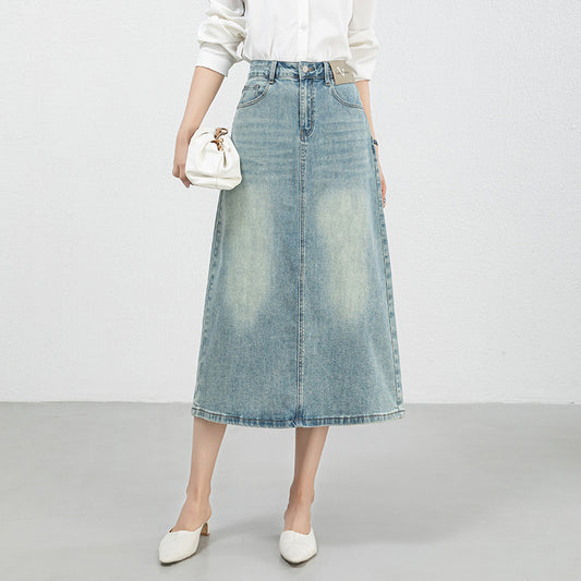 Retro High Waist Slim Straight Denim Skirt Mid-Length Slit Cotton Jeans Skirts