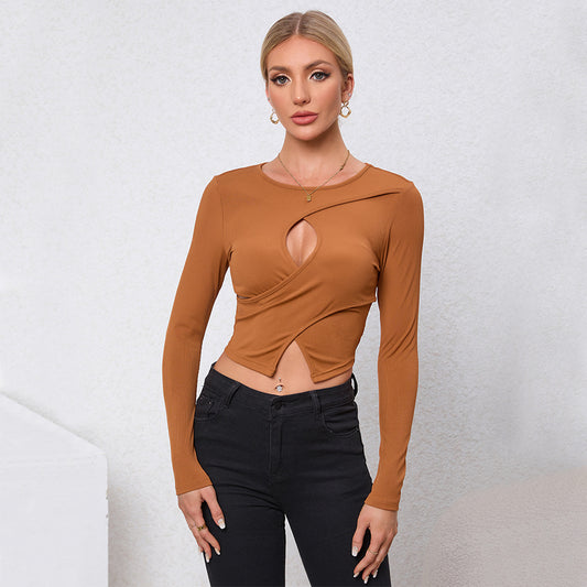 Women's Knitted Slim Fit Short Sleeve T-shirt round Neck Hollow out Design Autumn Winter Fashion Sexy Top Pure Color Base Layer