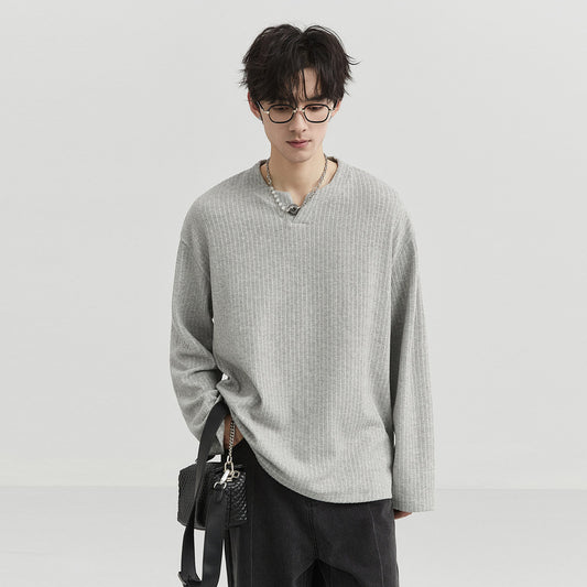 New Trendy Men's Minimalist and Versatile V-neck Pit Stripe Long Sleeved Elastic Solid Casual Loose Oversized T-shirt