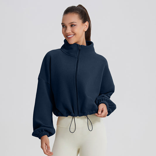 Women's Fleece Short Jacket Full Zip Stand Collar Warm Winter Sherpa Crop Coats with Drawstring Hem Gym Fitness Sports Clothing