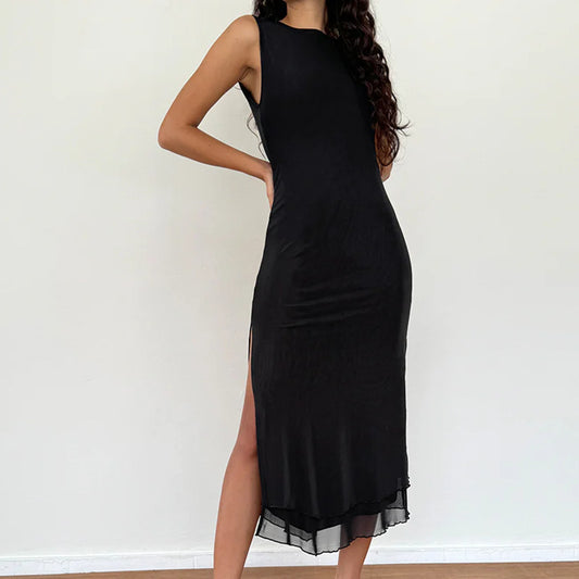 Latest Design Women's Solid Color Tank Top Slim Long Knit Split Dress Sleeveless Female