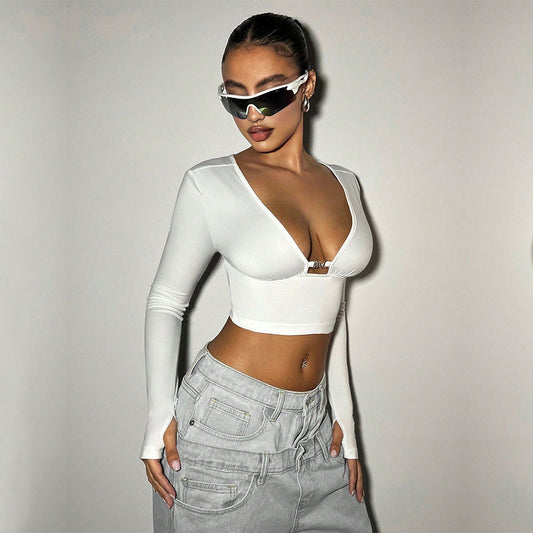 Pure Desire Spice V-neck Hollow Long Sleeve Female New Hot Sexy Short Sleeve Small Public Belly-button Top