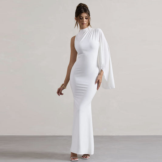 Women's Fashion Long Sleeve Slim Fit Round Neck Bodycon Skirt Single Shoulder Patchwork Dress Sexy Smooths Your Silh