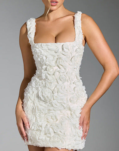Spring New Strapless Flower Slimming Sleeveless Strap Dress Back Bandage Design Evening Party Dresses Female