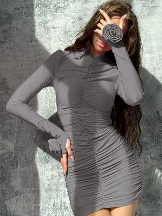 O-Neck Long Sleeves Ruched Bodycon Mini Dress Women’S Solid Sexy Elegant Outfit Party Club Streetwear Autumn Winter