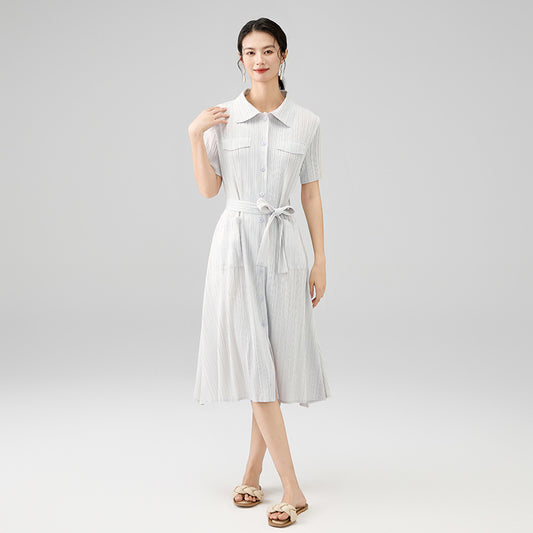 Summer New Folded Laple Short Sleeve Bandage Single Breasted Mid-calf Dresses