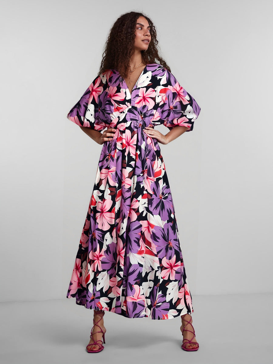 Elegant Spring Women's Dress Casual Fashion Floral Print Short Sleeve Super Long Dress New Fashion Hollow Out Long Dresses