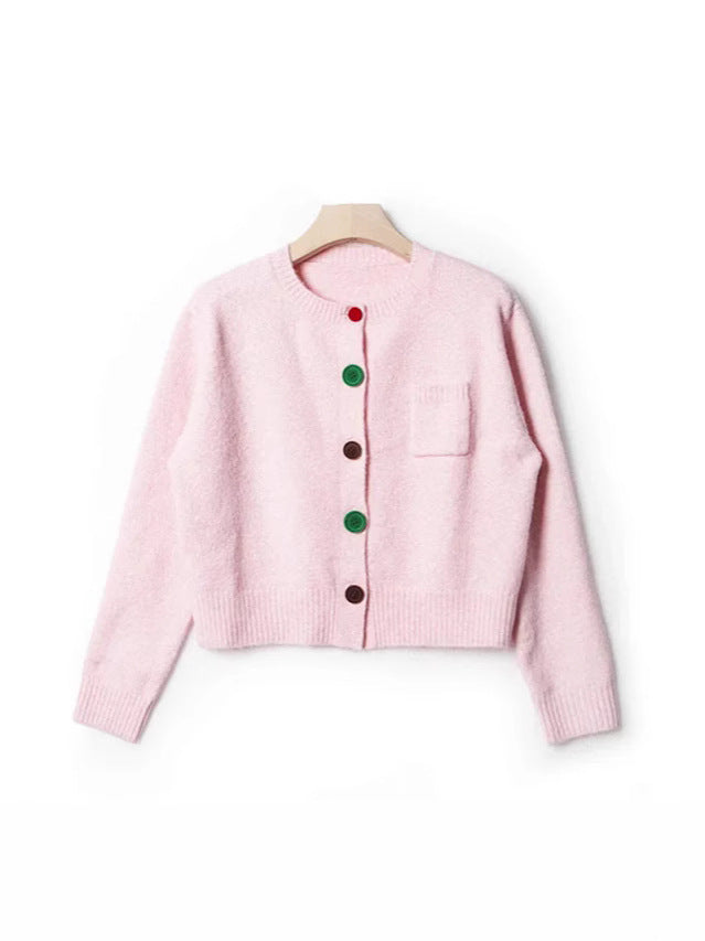 Winter Casual Sweet O-Neck Knitting Long Sleeve Cardigans Women Chic Pink Single Breasted Female Lovely Knitted Sweater