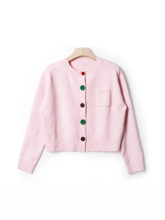 Winter Casual Sweet O-Neck Knitting Long Sleeve Cardigans Women Chic Pink Single Breasted Female Lovely Knitted Sweater