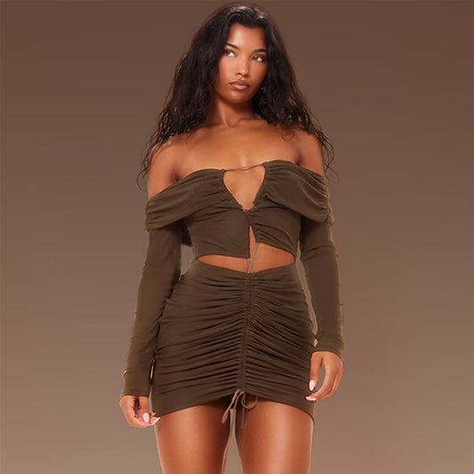 Hot Selling One Neck Off Shoulder Women's Sexy Hollow Out Pleated Lace Up Backless Dress