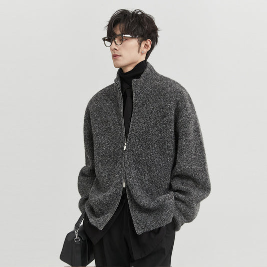 Men's Cardigan Stand Collar Solid Color Casual Tops Knitting Zipper Loose Male Sweaters Autumn Menswear