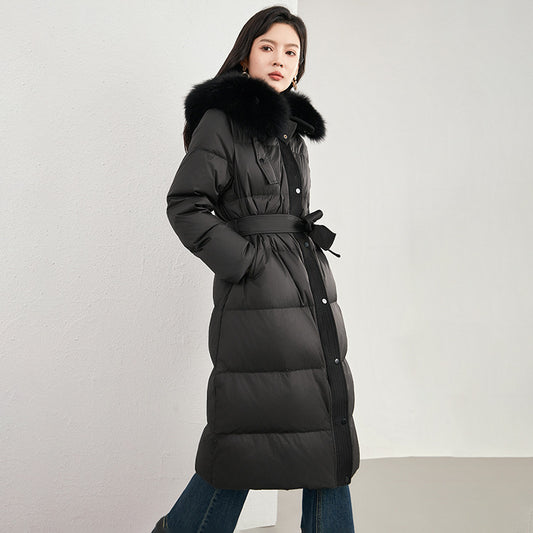 Women's Puffer Coats Winter New Outerwears White Goose Down Large Fur Collar Thick Parker Simple Slim Belt Elegant Down Jackets
