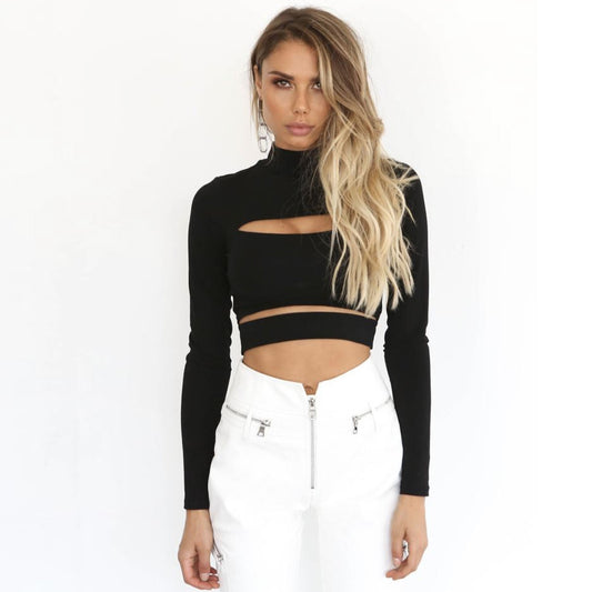 Fashionable Sexy Hollow Sleeve T-shirt Women's Top Two-Piece Illusion Long Sleevet Tshirt Women's Polyester Fiber Full Sleeve