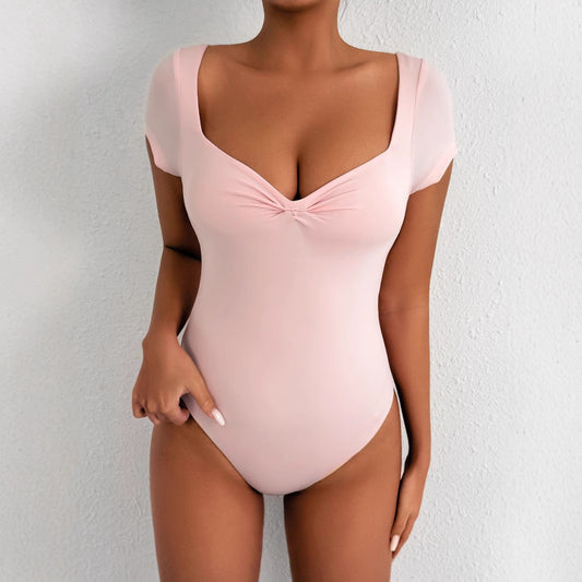 Sexy And Elegant Women V-neck Tight Jumpsuit Shorts Nightclub Party Style 2025 New Fashion Light Pink Low Neck Pleated Tops