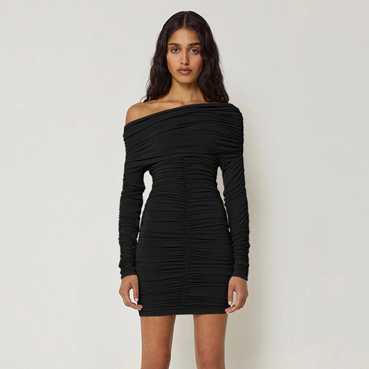 Sexy Long Sleeve Wrap Dress Cross-Border Women's Fashion Autumn Winter New Style One Shoulder Bustle Skirt Chinese Origin