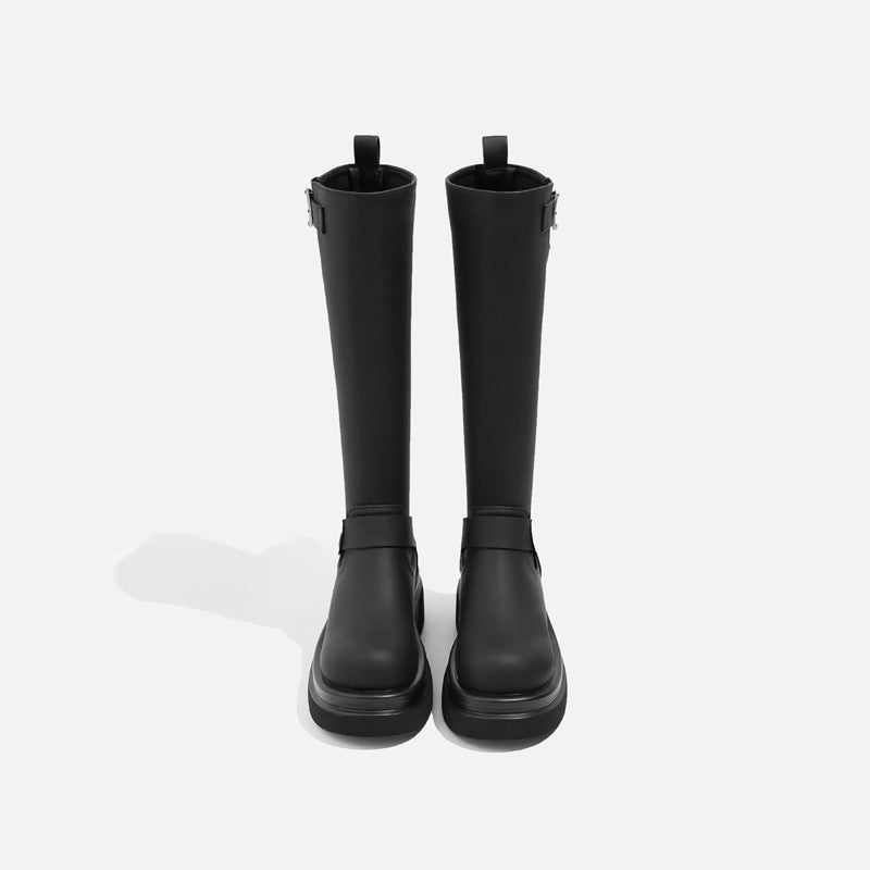 Winter Platform Slip On Women Knee High Boots Fashion Thick Heels Knight Long Booties Belt Buckle Ladies Shoes