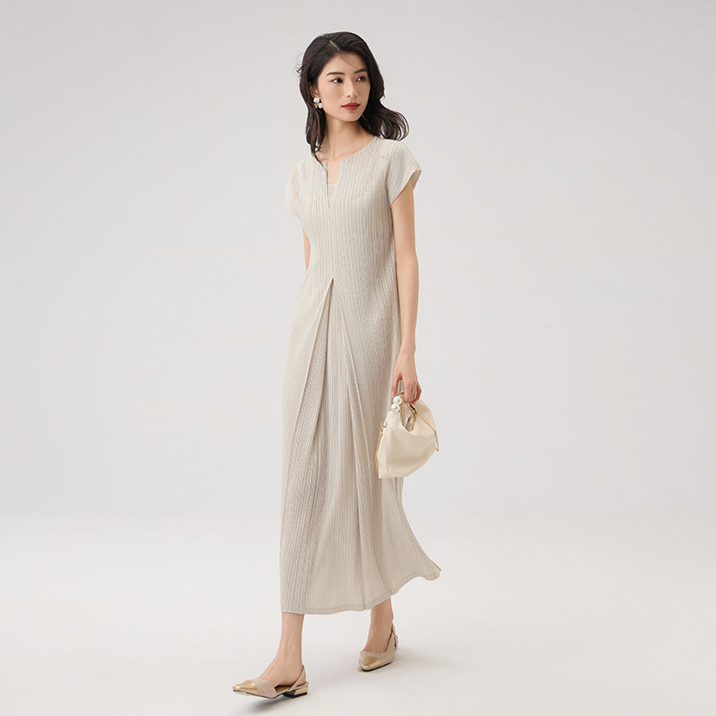 Women V Neck Short Sleeve Solid Colors Minimalist Design Sense Straight Loose  Dress