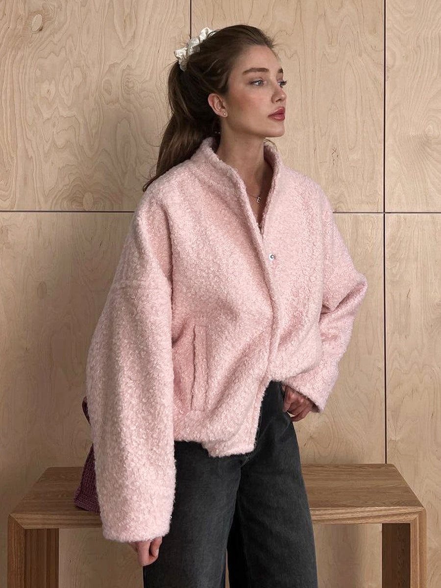 Pink Casual Stand Up collar Coat Dropped Shoulder Sleeves Short Outerwear