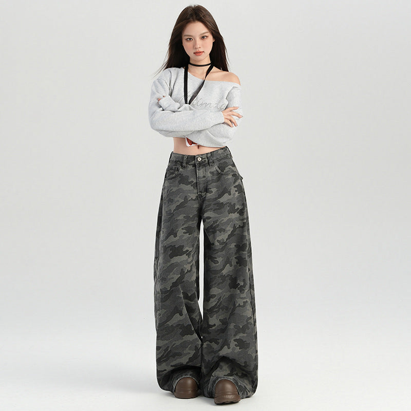 American Style Grey Loose-Fit High-Waisted Cargo Pants Women's Casual Sporttrousers Autumn Wide-Leg Camouflage