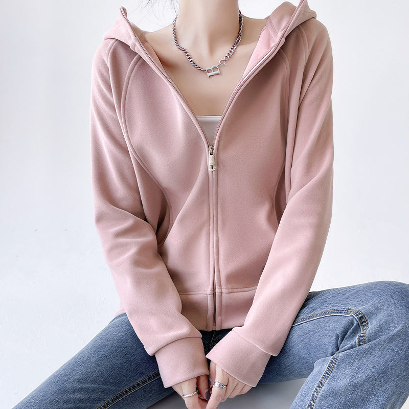 New Zipper Up Hooded Sweatshirt Jacket Women Autumn Winter Long-sleeved Sport Coat Woman Ins Solid Color Hoodies Female