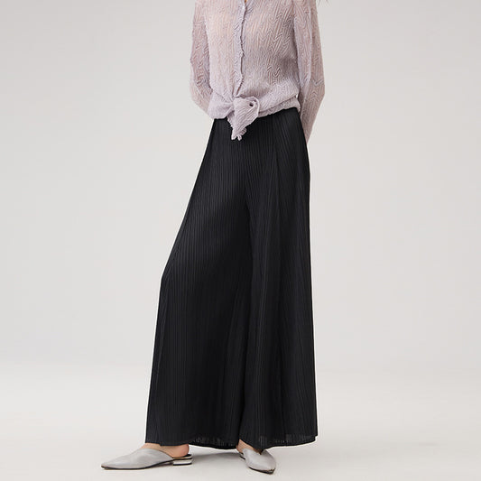 Casual Women's Simple Trousers Fashion Design Pleated Flared Pants Pure Colour Elastic Waist Loose Peplum